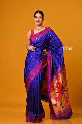 Param Sundari EXCLUSIVE~ Handloom Pure Silk Muniya Border Paithani in Royal Blue with Parrot Pallu