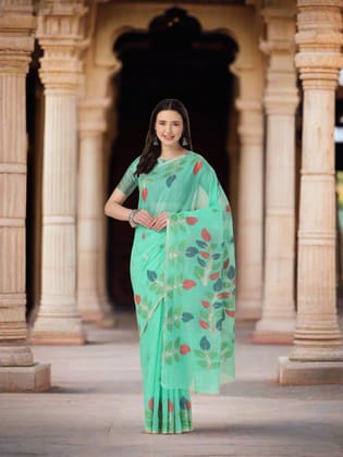 Sea Green Soft Cotton Floral Printed Saree