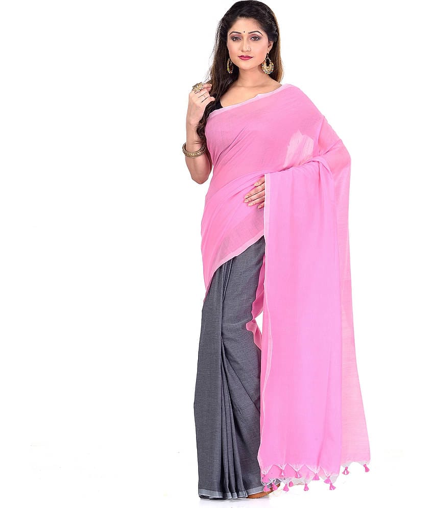 Desh Bidesh Silk Blend Self Design Saree With Unstitched Blouse Piece ( Pink )