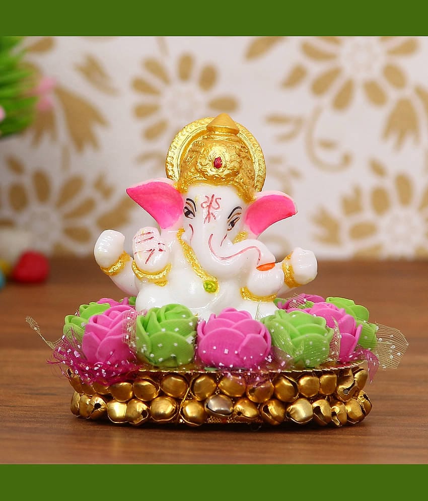 eCraftIndia Pink & White Lord Ganesha Idol On Decorative Handcrafted Plate With Flowers Showpiece