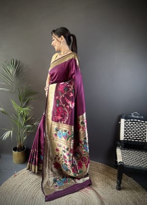 Purple Silk Floral Zari Weaving Work Paithani Saree