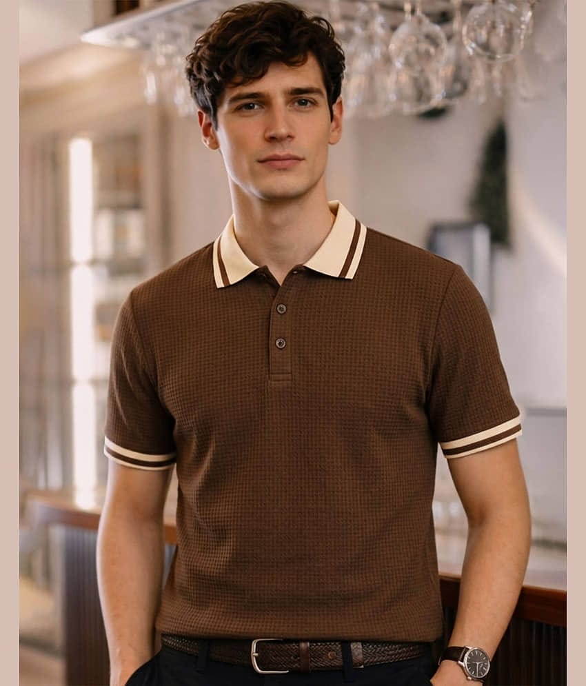 ENITOR Men Cotton Blend Regular Fit Solid Polo T Shirt ( Brown )