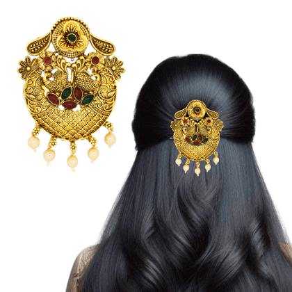Traditional Temple Design Gold-Plated Hair Barrette Clip with Peacock and Flower Motif
