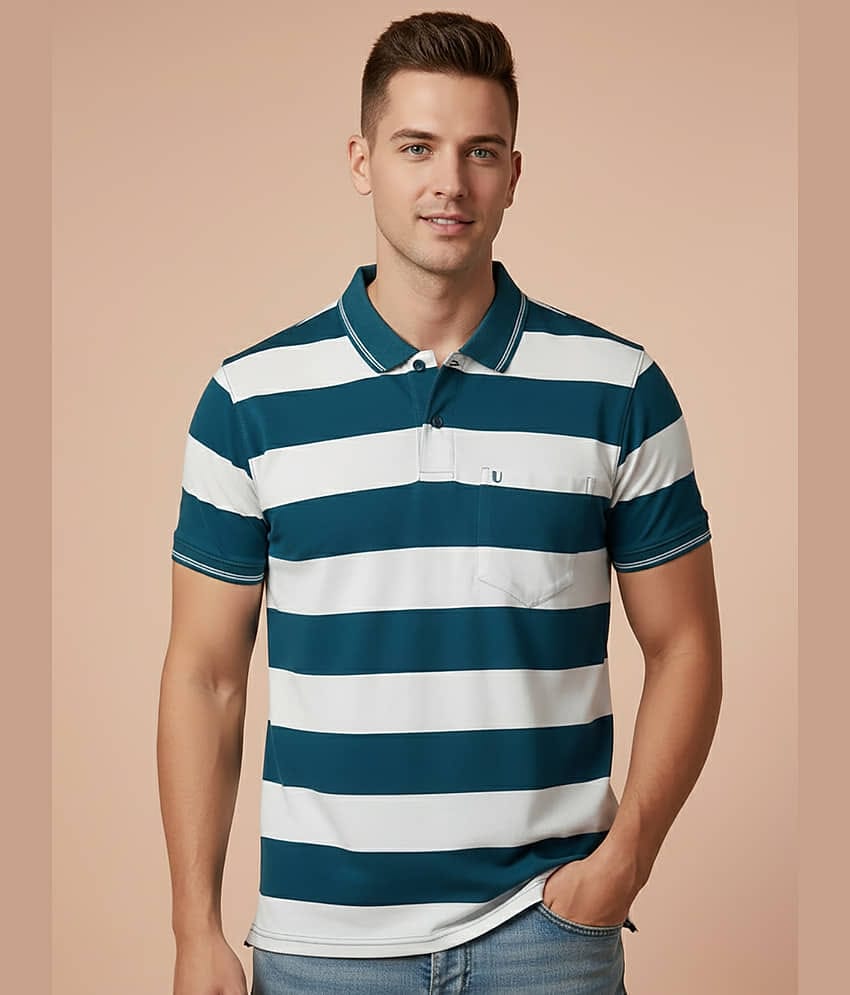 UNIBERRY Men Cotton Blend Regular Fit Striped Polo T Shirt ( Teal Blue )