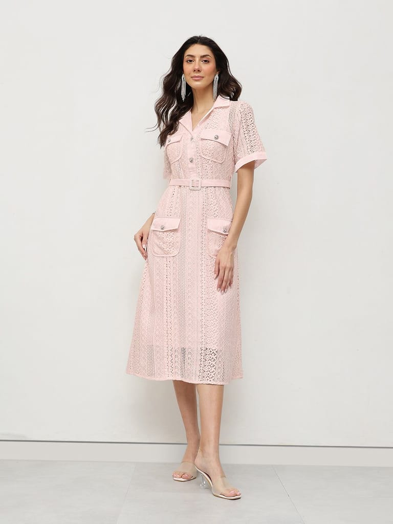 Blush Lace Belted Midi Dress