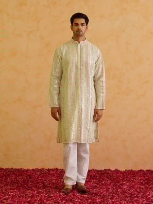Men's Georgette sequinned mirror embroidered Lime Green Kurta with Pyjama-36
