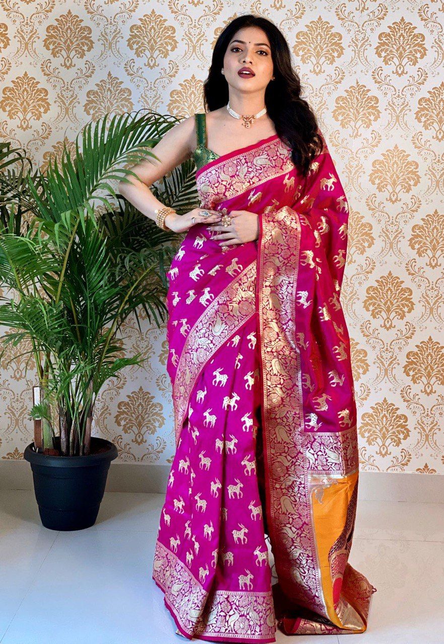 Pink Animal Printed Banarasi Art Silk Saree