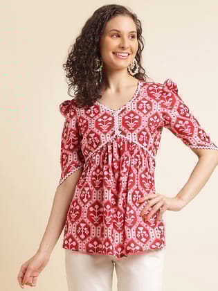 Red Printed Straight Cotton Blend V-Neck Top-S