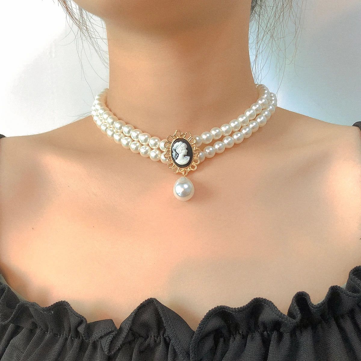SHIXIN French Vintage Girls Portrait Pendant Multilayer Waterdrop Simulated Pearl Necklace Women Charms for Jewelry Making
