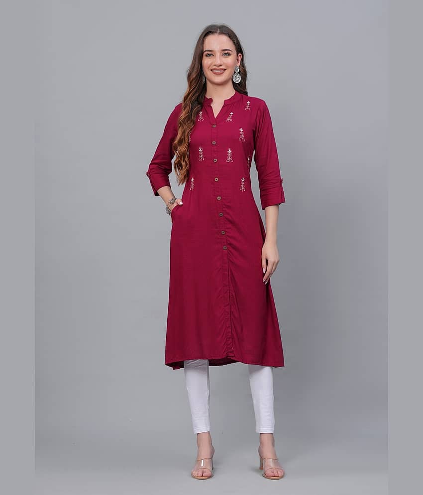 MAUKA Rayon Embroidered Front Slit Women's Kurti - Maroon ( Pack of 1 )