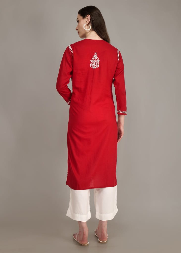 Pure Cotton Hand Embroided Lucknow Chikankar Angrakha Style Kurta - Red