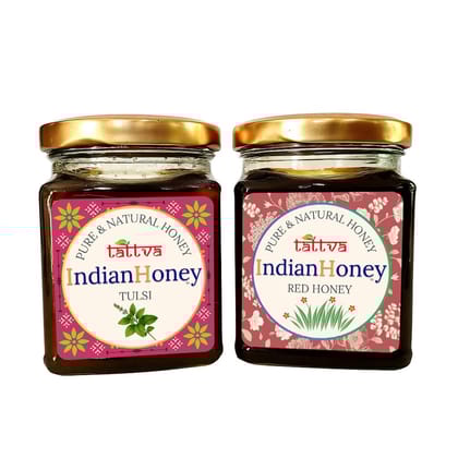IndianHoney Red Honey & Ayurvedic & Stress-Relief Tulsi Infused Honey Combo Pack (230gm & 230gm)