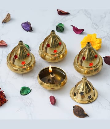 Fashion Bizz Brass Akhand Diya | Magical Lantern Brass Diya Brass Table Diya Set - Pack of 4