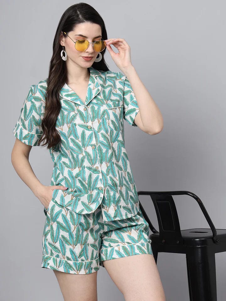 Handblock Print Green Cotton Night Suit-XS