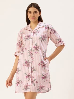 Pink Floral Long Sleeves Sleep Shirt-M