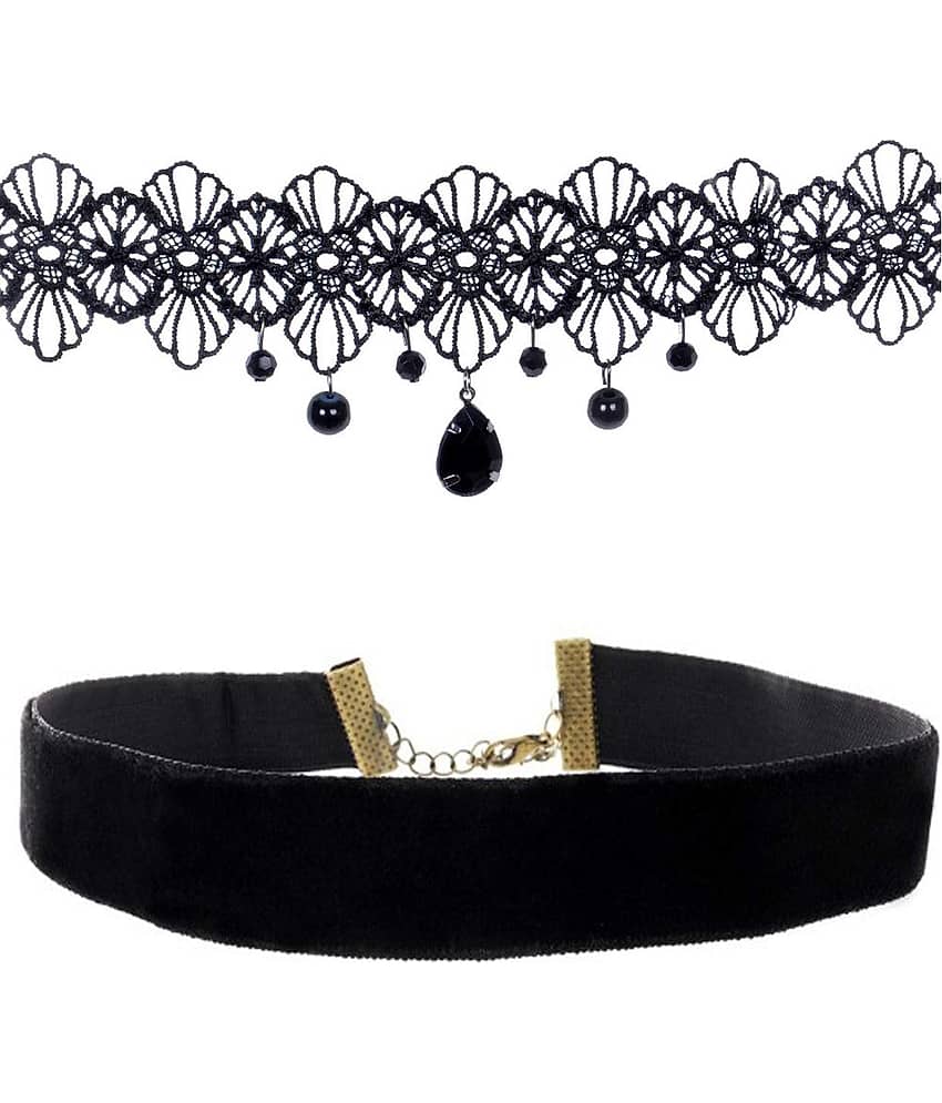 Romp Fashion 2 Pieces Black Velvet Finish with Lace Bead Choker Necklace for Girls and Women