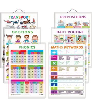 Set of 6 Transport, MATHS KEYWORDS, EMOTIONS, DAILY ROUTINE, PREPOSITIONS and PHONICS - 1 Early Learning Educational Charts for Kids