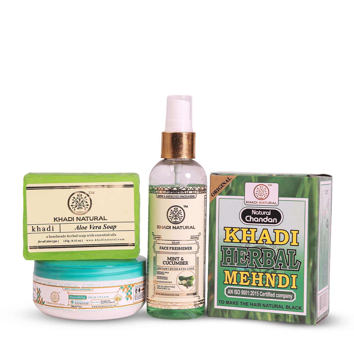 Khadi Natural Aloe Vera Soap, Black Mehndi, Mint Cucumber Spray & Skin Cream Combo