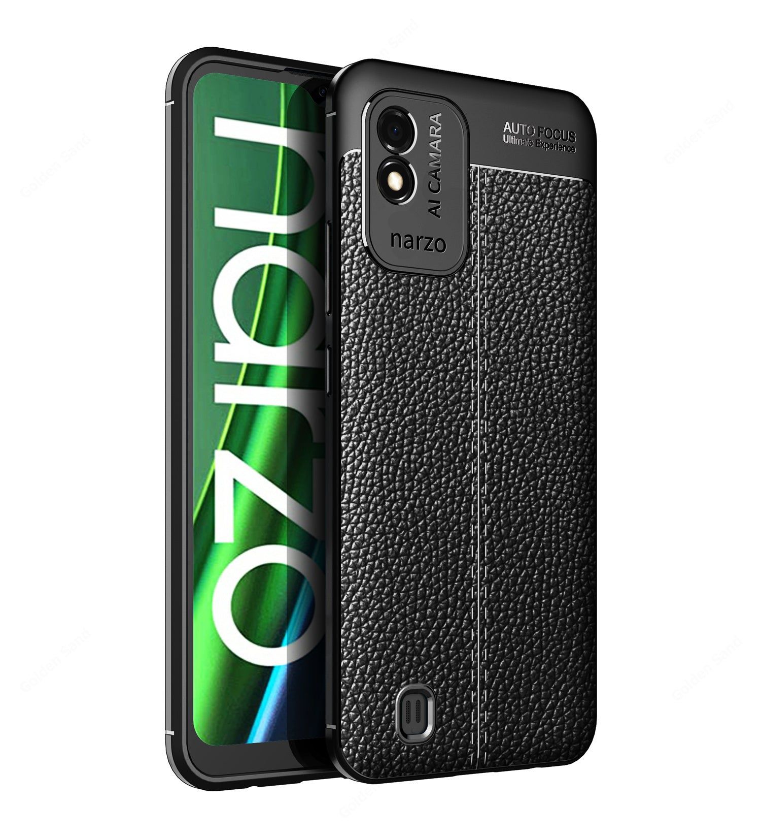 Vegan Leather Rugged Flexible TPU Series Shockproof Armor Back Cover for Realme Narzo 50i, 6.5 inch, Black