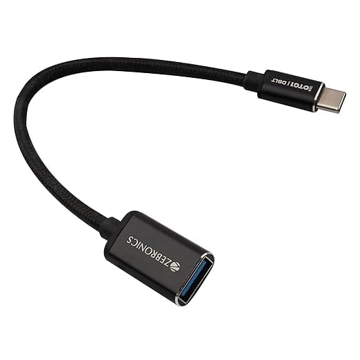 ZEBRONICS OTG1 Type C to OTG Connector with Male Type-C 3.1 Gen 1, Female USB 3.0 5Gbps*, 15cm Braided Cable, Metal Body, Sleek Design, for Smartphones, Tablets & Laptops