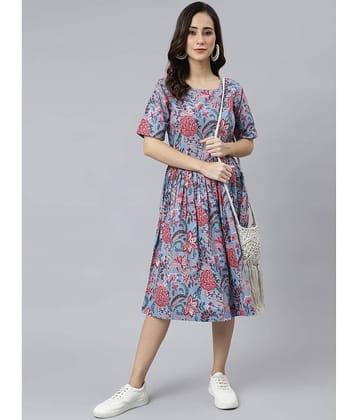 Janasya Women Cotton Printed A-line Dress ( Blue )