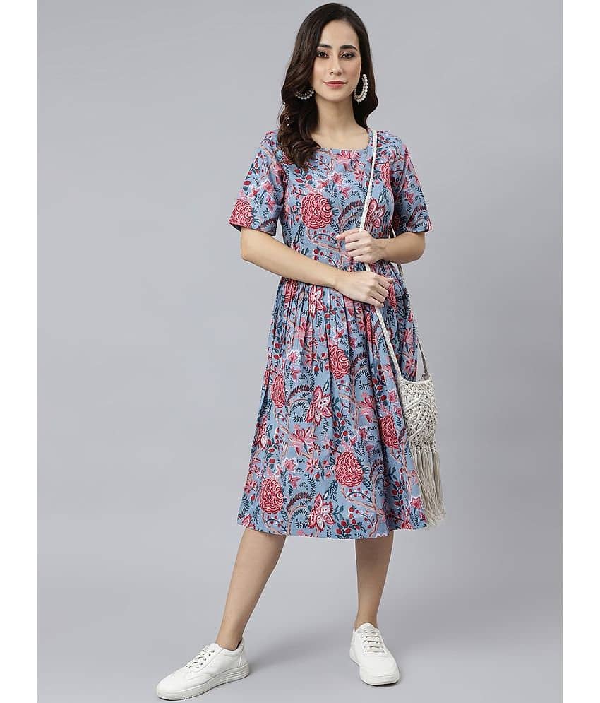 Janasya Women Cotton Printed A-line Dress ( Blue )