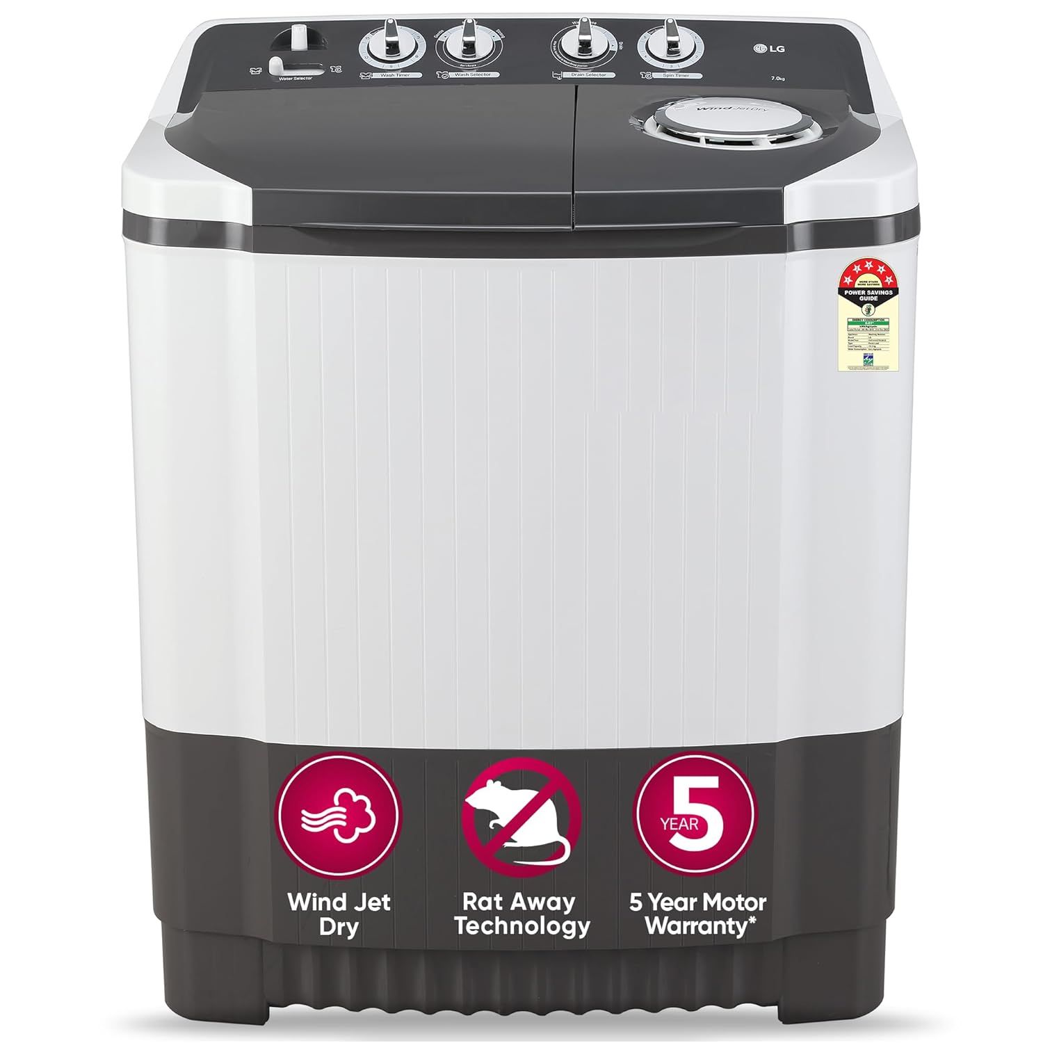 LG 7 Kg 5 Star Wind Jet Dry Semi-Automatic Top Loading Washing Machine (P7020NGAZ, Dark Gray, Rat Away Feature) Dark Gray