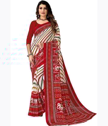 Kanooda Prints Georgette Printed Saree With Unstitched Blouse Piece ( Red )
