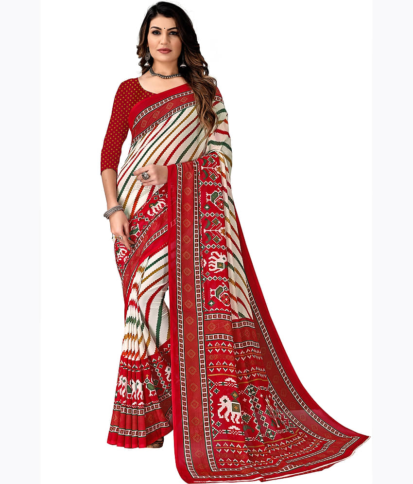 Kanooda Prints Georgette Printed Saree With Unstitched Blouse Piece ( Red )