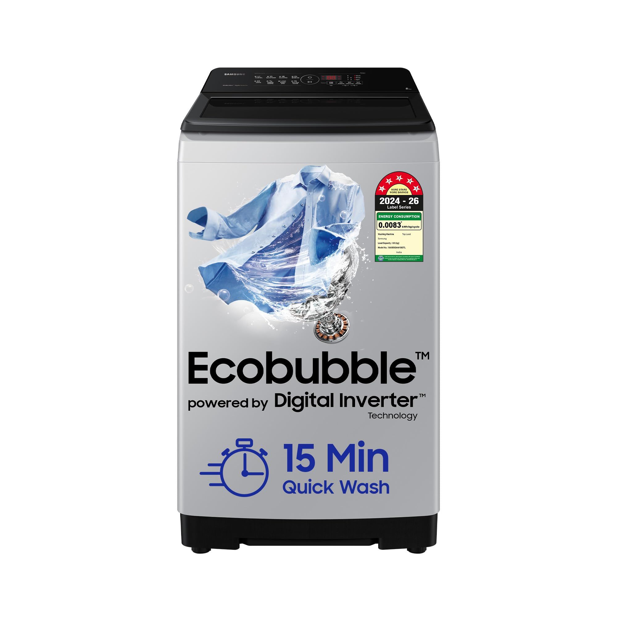Samsung Smart Choice 8 kg, 5 star, Eco Bubble Tech, Digital Inverter Motor, Soft Closing Door, Fully-Automatic Top Load Washing Machine (WA80BG4441BGTL, Light Gray) Samsung Smart Choice 8 kg, 5 star, Eco Bubble Tech, Digital Inverter Motor, Soft Closing 