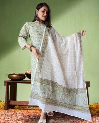 Mehek Cotton Suit Set Lovely White Handblock Print-36 (S)