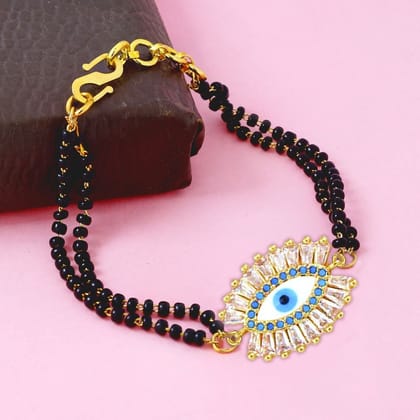 Turkish Blue Gold Evil Eye Good Luck Cubic Zirconia American Diamond Adjustable Hand Wrist Mangalsutra Bracelet Women-Gold
