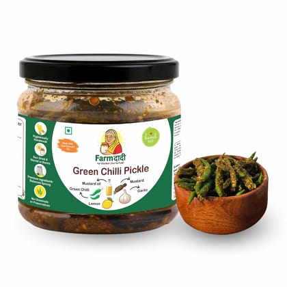 FarmDadi Spicy Green Chilli Pickle 350g Organic | Homemade Sun-Dried Hari Mirch ka Achar | Made with Cold Pressed Mustard Oil | Ghar Ka Bana Spicy Mirchi Pickle | No Chemical Preservatives