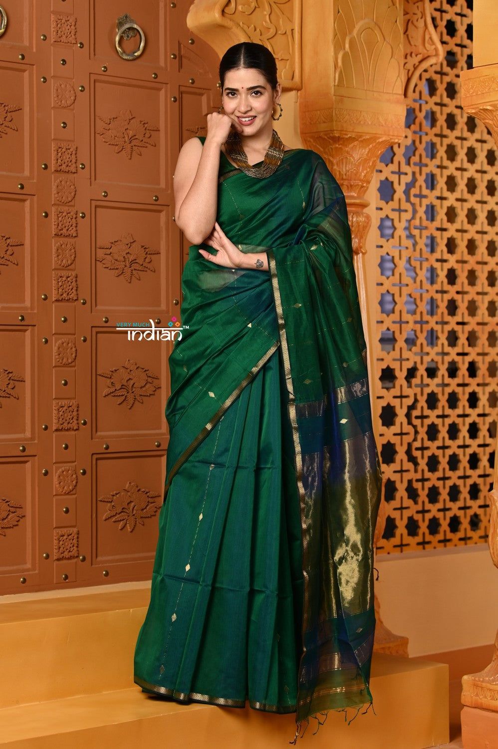 Shubh ~ Handloom Cotton Silk Saree with Sleek Golden Border in Exclusive Dark Green