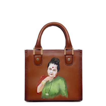 Customized Hand-Painted Portrait Tan Leather Hand Bag-FS