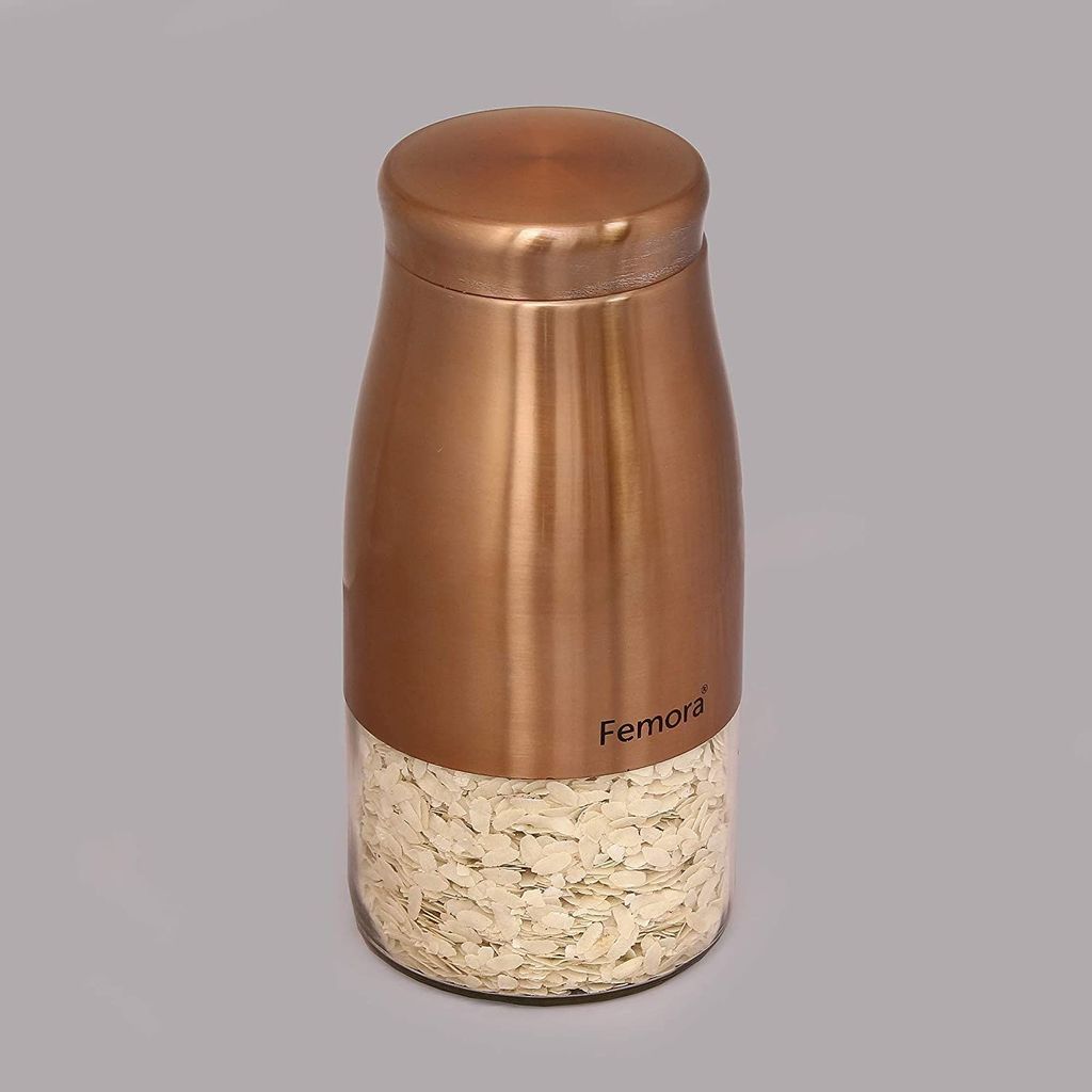 Femora Clear Glass Gold Metallic Steel Glass Jars Tea Sugar Jar Container Cereal, Spices, Pulses Container Spice Jar for Kitchen Storage Jars for Kitchen Storage, 900 ml/gm, Free Replacement of Lids