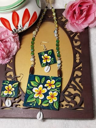 Handpainted Necklace with Glass Beads Mala, On Mdf Base, Cotton Back Dory Including Hanging Earrings