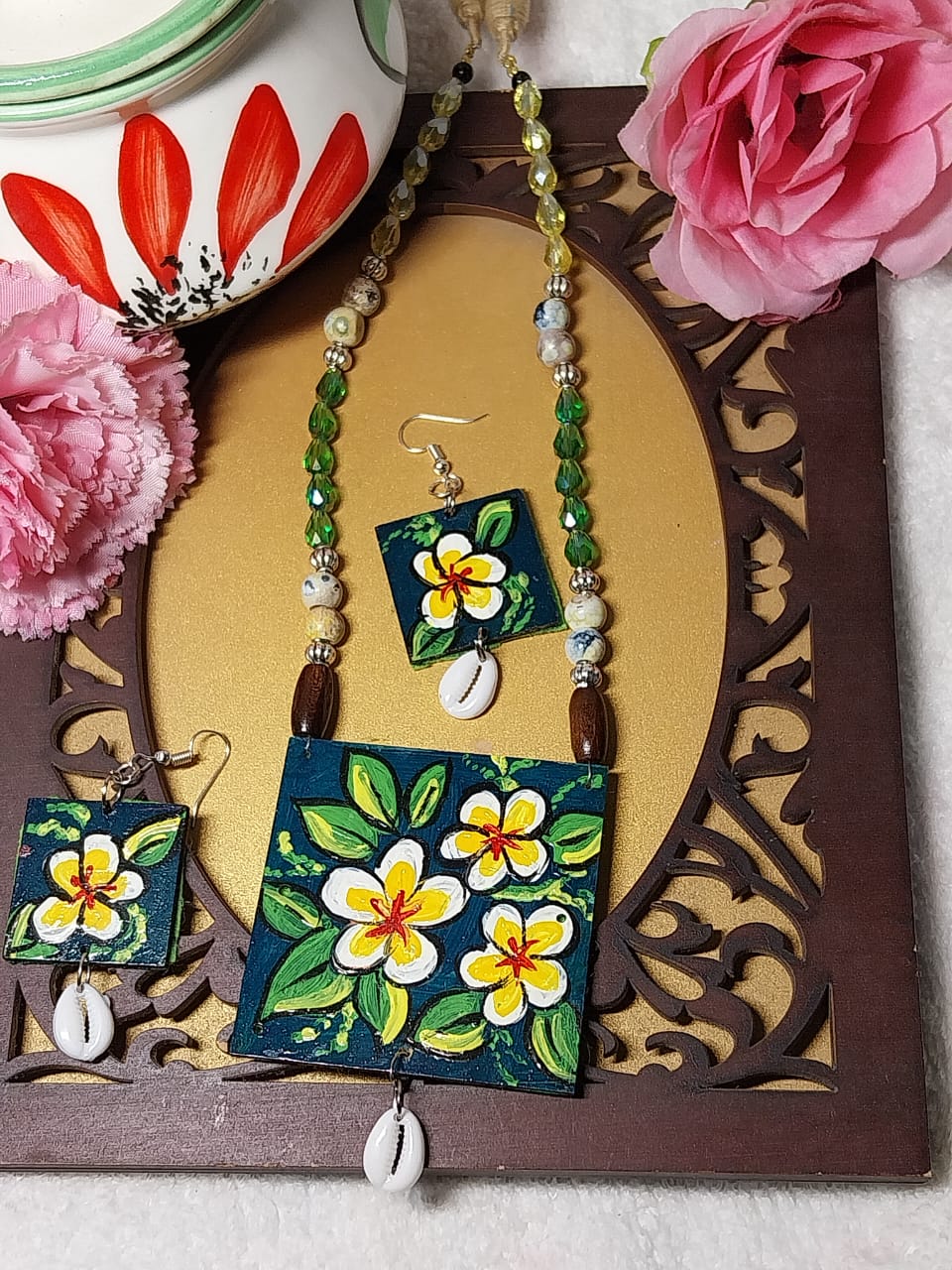 Handpainted Necklace with Glass Beads Mala, On Mdf Base, Cotton Back Dory Including Hanging Earrings