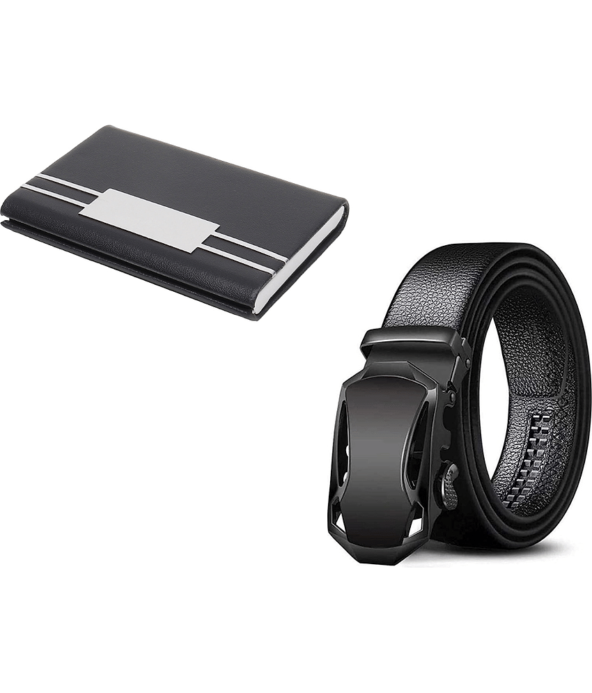 Clock21 - Black Leather Men's Belts Wallets Set ( Pack of 2 )