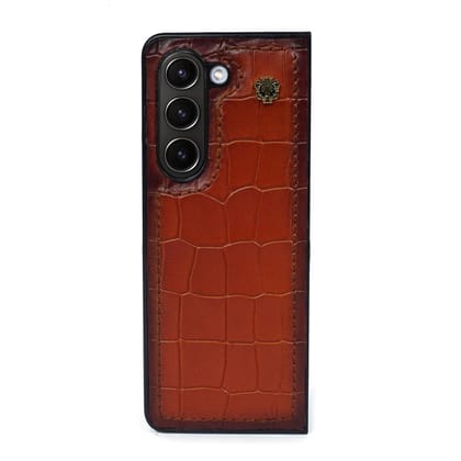 Fold 5 Mobile Case Cover with Tan Deep Cut Croco Textured Leather-Fold 5