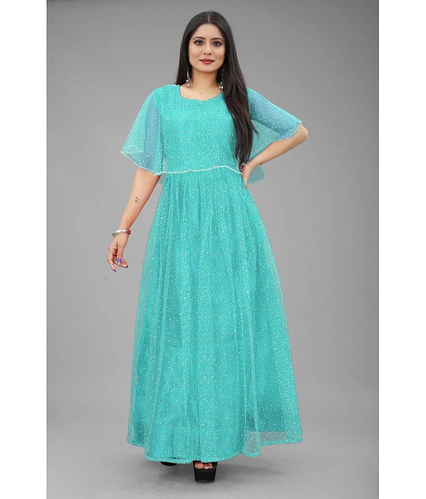 Aika - Light Blue Flared Net Women's Stitched Ethnic Gown ( Pack of 1 )