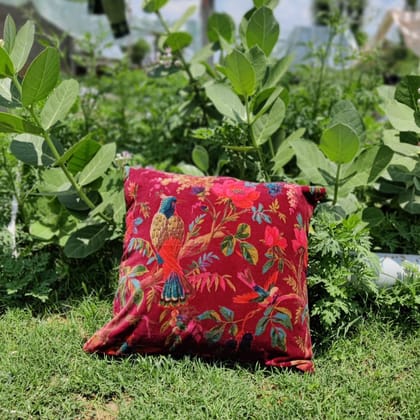 Birds of paradise velvet cushion cover- Maroon-12 x 12 inches / Plain Cotton Backing