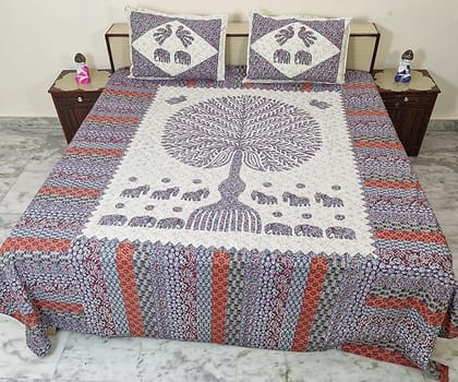 Bedsheet Set with Pillow Covers, 100% Cotton, Multi-Colour,Indian Elephant Tree, Size 8 Feet X 9 Feet