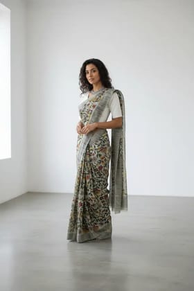 Madhubani Print Cotton Saree Gray Multicolour Floral