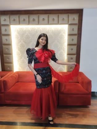 Mrigika Red & Black Sambalpuri Cotton-Organza Long Party Gown – Size XL