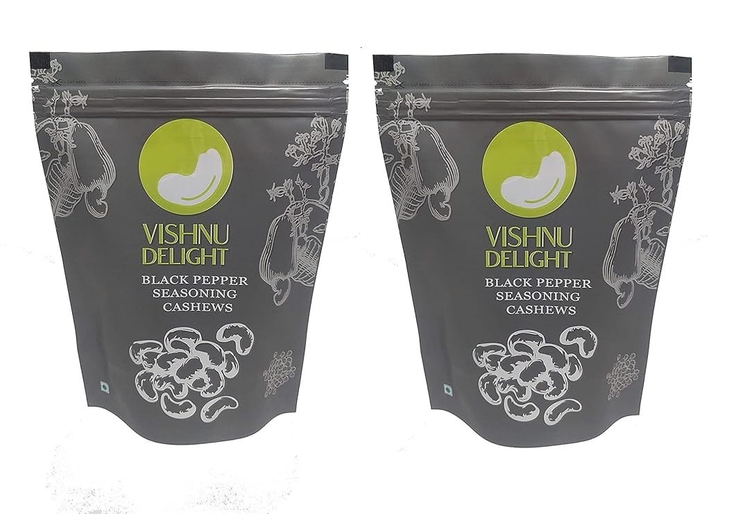 Vishnu Delight Crunchy Black Pepper Flavored Cashews 250gm Pouch - Spicy, Delicious, and Perfect for Snacking (Pack of 2)