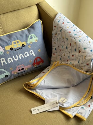 KRI India Tots Car Track Reversible Dohar|Set of 2|60x90 inches|Reversible | Mouse White with multicoloured cars print  | Wash & Care | 100% Cotton | Handcrafted in India. 100% organic & natural.