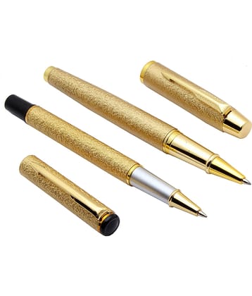 Srpc Set Of 2 Gold Sand Finish Rock Textured Metal Body Roller Ball Pens Blue Refill