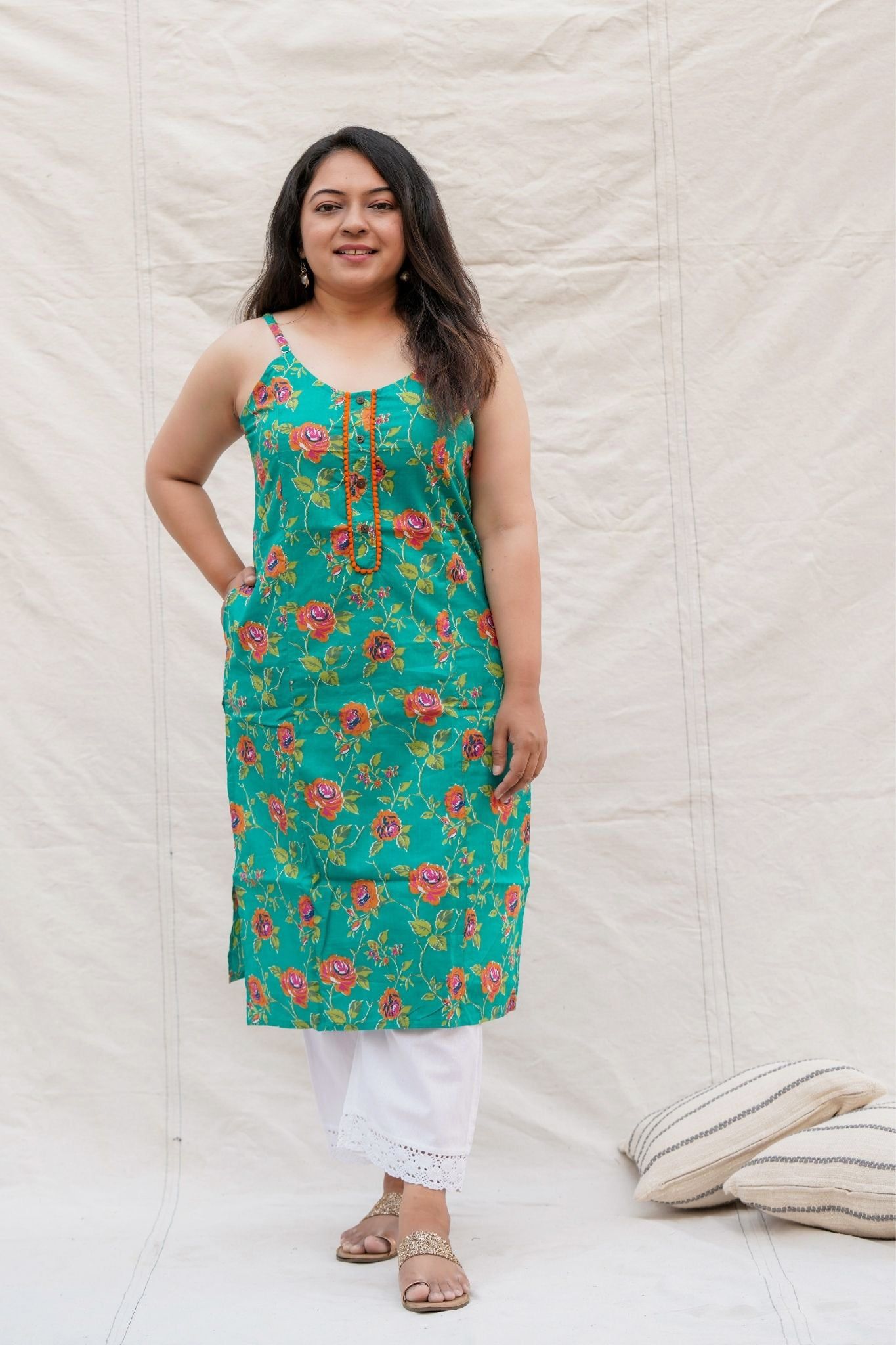 Twister Blue Floral Spaghetti Straight Cotton Kurta-XS