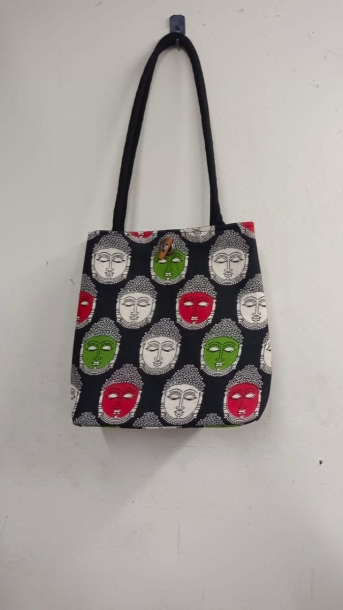 Buddha Print Cotton Tote Bag (Black, Red, Green) | Ethnic Motif Design | Casual Daily Use